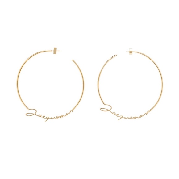 NEW Jacquemus Gold Cursive Script Logo Open Large Hoop Earrings $350 MSRP - Picture 5 of 12